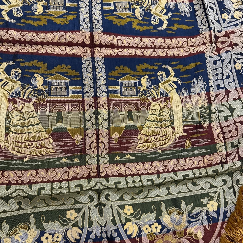 Spanish Tapestry Scarf Sevilla Spain Embroidered Manton Altar Table 48x48 Vtg